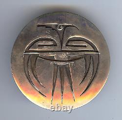 Striking Vintage Hopi Indian Native American Round Silver Thunderbird Pin Brooch