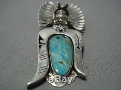 Striking Vintage Navajo Green Turquoise Sterling Silver Pendant Pin Old