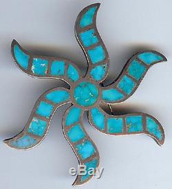 Striking Vintage Zuni Indian Silver Channel Set Inlaid Turquoise Pinwheel Pin