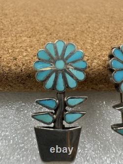 Stunning Native American Sterling Silver Inlaid Flower Plant Pin Brooch Pendant