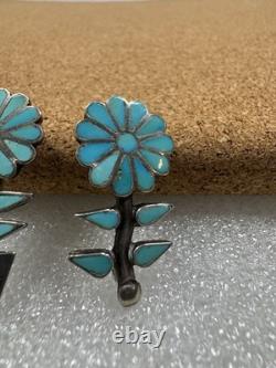 Stunning Native American Sterling Silver Inlaid Flower Plant Pin Brooch Pendant