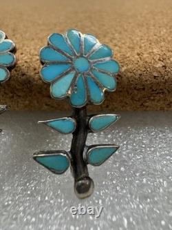 Stunning Native American Sterling Silver Inlaid Flower Plant Pin Brooch Pendant