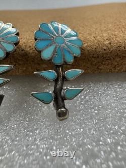 Stunning Native American Sterling Silver Inlaid Flower Plant Pin Brooch Pendant