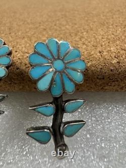 Stunning Native American Sterling Silver Inlaid Flower Plant Pin Brooch Pendant