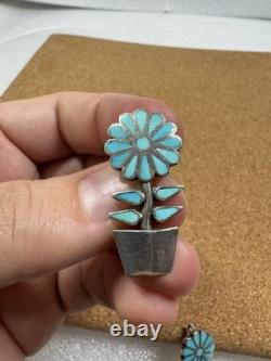 Stunning Native American Sterling Silver Inlaid Flower Plant Pin Brooch Pendant