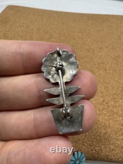 Stunning Native American Sterling Silver Inlaid Flower Plant Pin Brooch Pendant