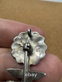 Stunning Native American Sterling Silver Inlaid Flower Plant Pin Brooch Pendant