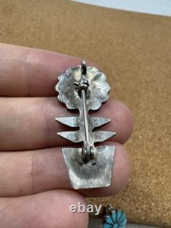 Stunning Native American Sterling Silver Inlaid Flower Plant Pin Brooch Pendant