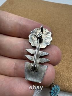 Stunning Native American Sterling Silver Inlaid Flower Plant Pin Brooch Pendant