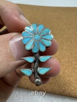 Stunning Native American Sterling Silver Inlaid Flower Plant Pin Brooch Pendant