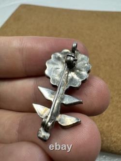 Stunning Native American Sterling Silver Inlaid Flower Plant Pin Brooch Pendant