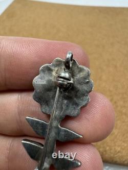 Stunning Native American Sterling Silver Inlaid Flower Plant Pin Brooch Pendant