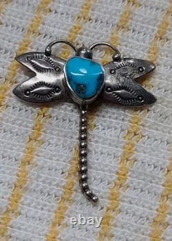 Stunning Old Navajo Sterling Silver & Turquoise Dragonfly Brooch Pin Vintage 1.5