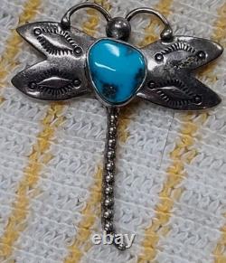 Stunning Old Navajo Sterling Silver & Turquoise Dragonfly Brooch Pin Vintage 1.5