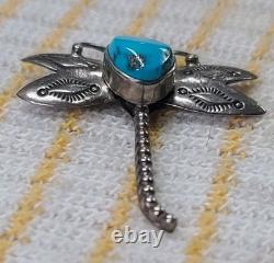Stunning Old Navajo Sterling Silver & Turquoise Dragonfly Brooch Pin Vintage 1.5