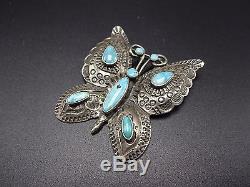 Stunning Vintage NAVAJO Hand-Stamped Sterling Silver & Turquoise BUTTERFLY PIN