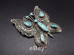 Stunning Vintage NAVAJO Hand-Stamped Sterling Silver & Turquoise BUTTERFLY PIN