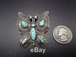 Stunning Vintage NAVAJO Hand-Stamped Sterling Silver & Turquoise BUTTERFLY PIN