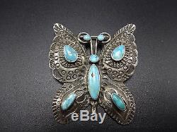 Stunning Vintage NAVAJO Hand-Stamped Sterling Silver & Turquoise BUTTERFLY PIN