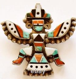 Stunning Vintage Native American Zuni Sterling Inlaid Pin By Artist Lee Edaakie
