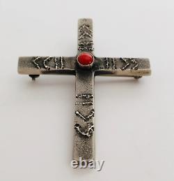 Substantial Lee Charley Tufa Cast Cross with Coral, Navajo Pendant, Pin, Native