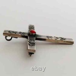 Substantial Lee Charley Tufa Cast Cross with Coral, Navajo Pendant, Pin, Native