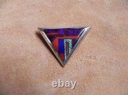 Sugilite, Coral, Lapis & Turquoise Inlay Sterling Silver TRIANGLE Pin Navajo