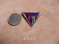 Sugilite, Coral, Lapis & Turquoise Inlay Sterling Silver TRIANGLE Pin Navajo