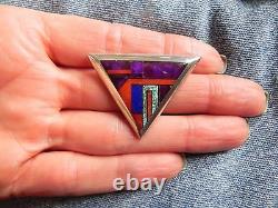 Sugilite, Coral, Lapis & Turquoise Inlay Sterling Silver TRIANGLE Pin Navajo