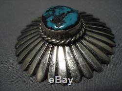 Sunbursting Silver Work Vintage Navajo Old Morenci Turquoise Sterling Pin