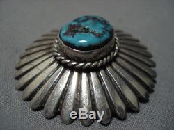 Sunbursting Silver Work Vintage Navajo Old Morenci Turquoise Sterling Pin