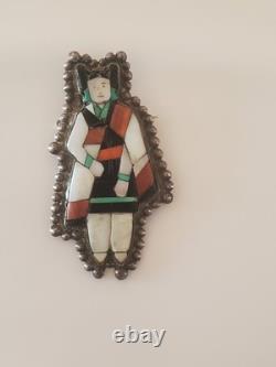 Superb Zuni Daisy Hooee Nampeyo Poblano Maiden Pin Mosaic Inlay 1940s Brooch