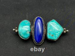 Sylvia Chee Native American Sterling Silver, Turquoise & Lapis Brooch / Pin