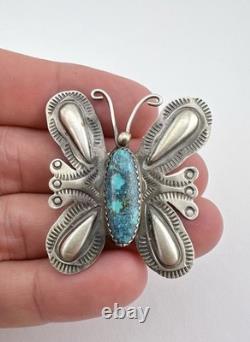 T. YAZZIE Navajo Sterling Silver Kingman Turquoise Butterfly Brooch Pin 1 5/8