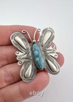 T. YAZZIE Navajo Sterling Silver Kingman Turquoise Butterfly Brooch Pin 1 5/8