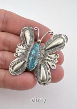 T. YAZZIE Navajo Sterling Silver Kingman Turquoise Butterfly Brooch Pin 1 5/8