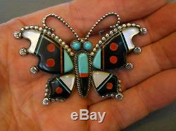 TE'ME' inlaid stone sterling silver butterfly pin 2 7/8 x 2