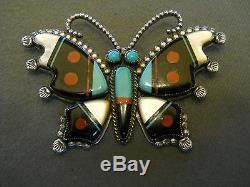 TE'ME' inlaid stone sterling silver butterfly pin 2 7/8 x 2