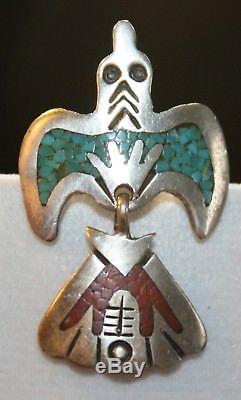 TOMMY SINGER STERLING SILVER TURQUOISE PEYOTE BIRD TIE TACK LAPEL PIN SIGNED Tc