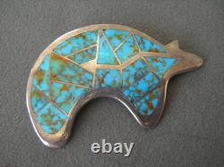 Tèmè Native American Natural Turquoise Inlay Bear Ster Silver Pendant Pin Brooch
