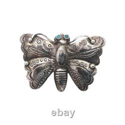 Terrific Vtg Navajo Handmade Sterl Silver Turquoise Stamped Butterfly Brooch Pin