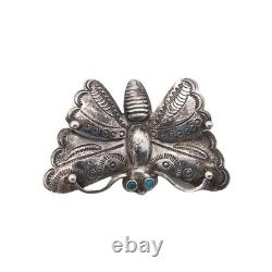 Terrific Vtg Navajo Handmade Sterl Silver Turquoise Stamped Butterfly Brooch Pin