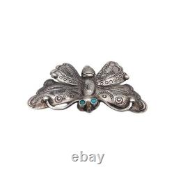 Terrific Vtg Navajo Handmade Sterl Silver Turquoise Stamped Butterfly Brooch Pin
