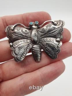 Terrific Vtg Navajo Handmade Sterl Silver Turquoise Stamped Butterfly Brooch Pin