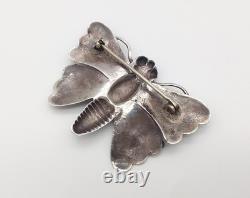 Terrific Vtg Navajo Handmade Sterl Silver Turquoise Stamped Butterfly Brooch Pin