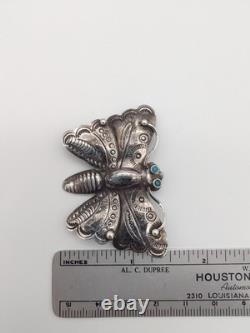 Terrific Vtg Navajo Handmade Sterl Silver Turquoise Stamped Butterfly Brooch Pin