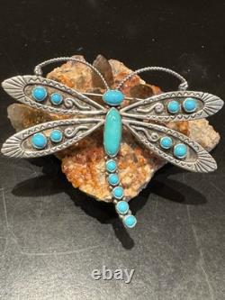 The Prettiest Lee Charley Navajo Vintage Dragonfly Pin In Sterling & Turquoise