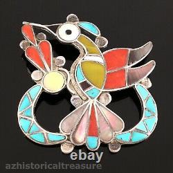 Theodore Edaakie Native American Zuni Silver Mosaic Hummingbird Pin Pendant