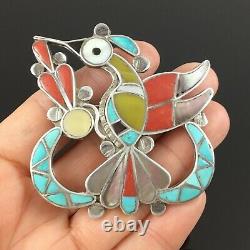 Theodore Edaakie Native American Zuni Silver Mosaic Hummingbird Pin Pendant