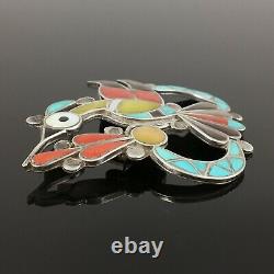 Theodore Edaakie Native American Zuni Silver Mosaic Hummingbird Pin Pendant